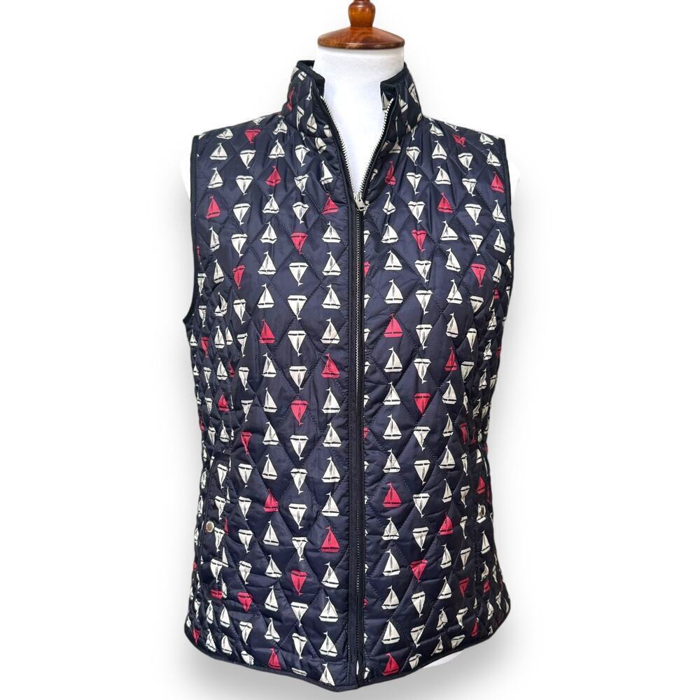 🍀 Talbots Navy Nylon Sailboat Print Quilted Vest Women’s Size Medium